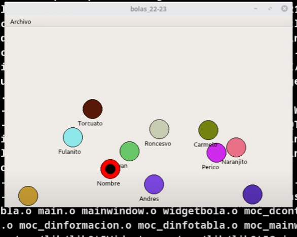 Captura de pantalla del juego de bolas en Qt